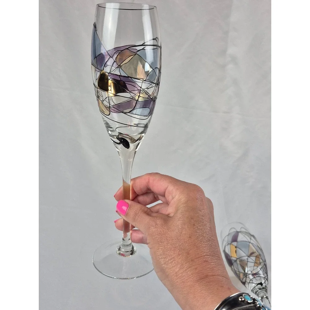 Set 2 Hand Painted Art Glass Champagne Flutes Abstract Gold Purple Toast Glasses